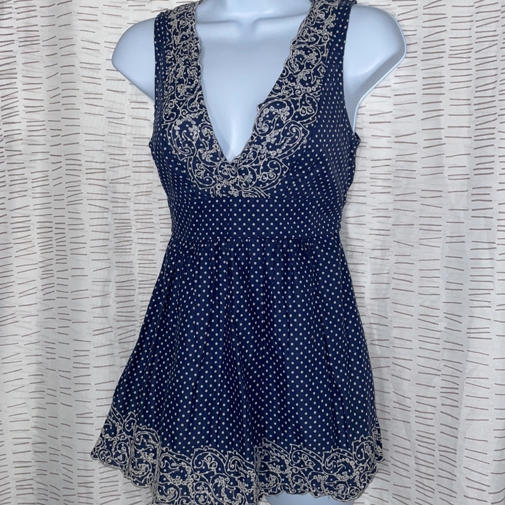 Navy and white polka dot vneck tank top